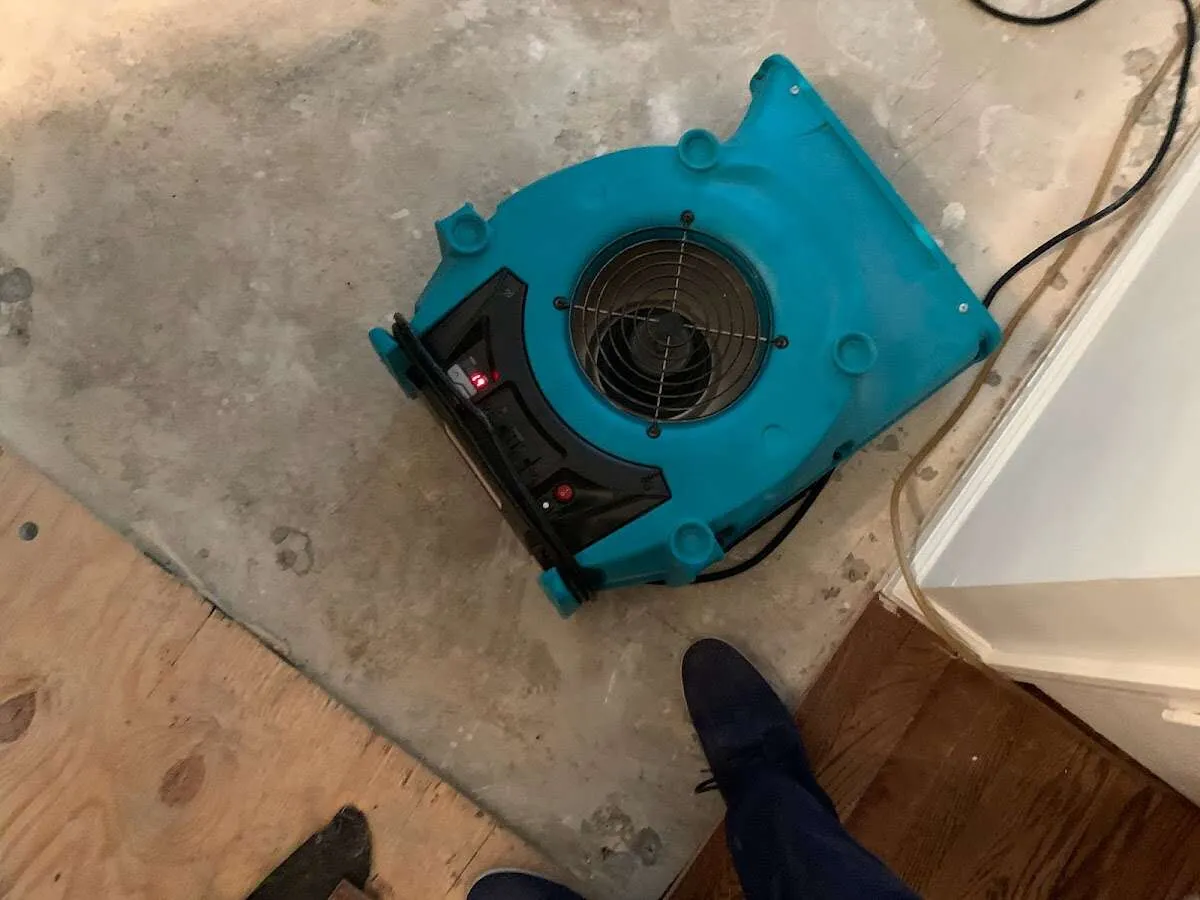 Air mover drying subfloor during Commercial Water Damage Restoration in Danvers